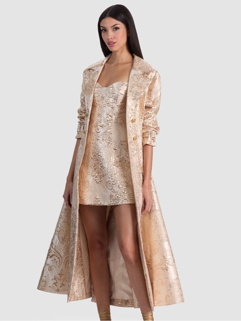 Alice + Olivia Gold jacquard Trench Coat Ellie 4 New $1,500 - Picture 4 of 8
